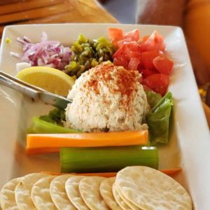 Smoked fish dip with crackers.